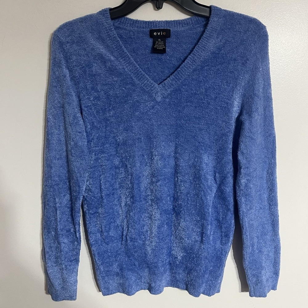 Women's Evie V-Neck Blue Fuzzy Long Sleeve Sweater Size‎ XL